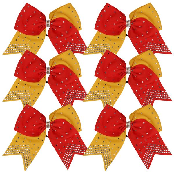 8 Inch 2 Colors Cheerleader Bows Ponytail Holder with Bling Fling Rhinestones Hair Tie Cheerleading Bows 6 Pcs (Red/Yellow Gold)