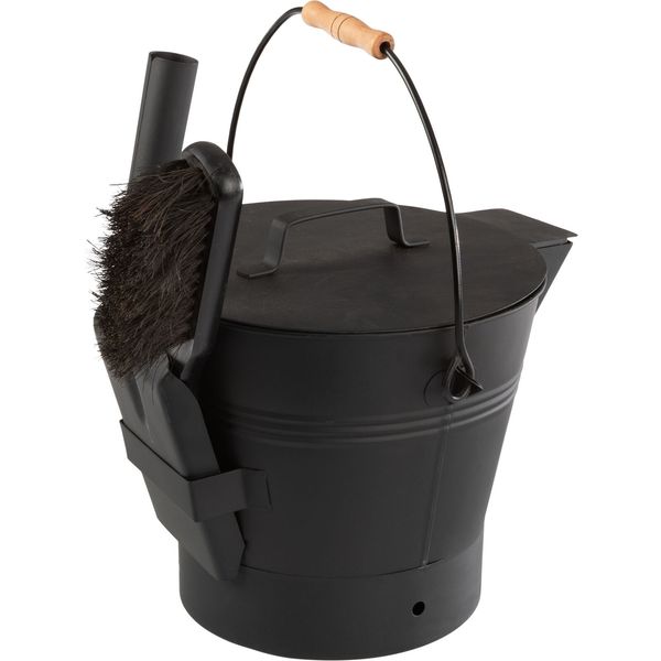 Pure Garden 2.11Gal Metal Ash Bucket with Lid Broom and Shovel (Black) Home