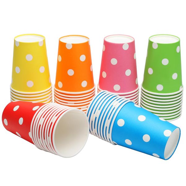 YANGTE 60-Piece Polka dot Paper Cup Party Cup, 9 Ounce Multi-Color Drinking Cup, Biodegradable, Suitable for DIY Holiday Wedding, Yellow, Blue, Rose red, Orange, red, Green, 6 Colors