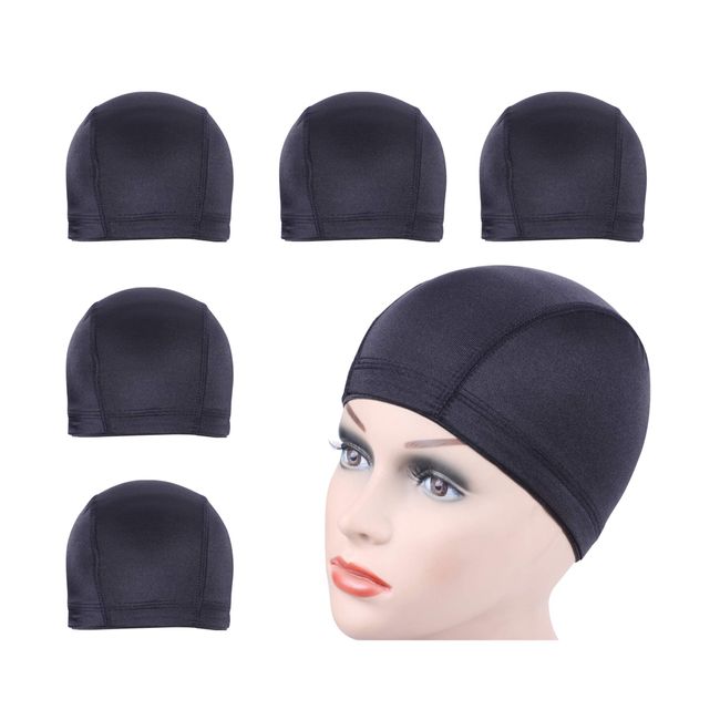 5 PCS/Lot Black Dome Cap Wig Cap for Making Wigs Stretchable Hairnets with Wide Elastic Band (Dome Cap S)
