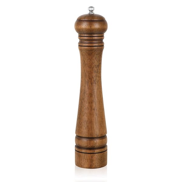 Pepper Mill, Haomacro 10 inch Wood Salt Mill Pepper Shaker, Manual Pepper Grinder, Salt Shakers with Adjustable Ceramic Rotor - 1 Pack Refillable Oak Wood Pepper Grinder for Your Kitchen