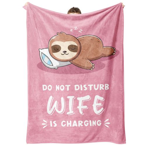 Funny Anniversary Birthday Gifts for Wife, Wife is Charging Sloth Blanket, Wifey Gifts from Husband, Wedding, Mother's Day, Valentines Day Present for Women, Super Soft Blanket for Her