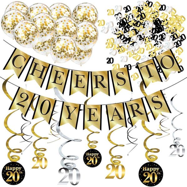 20th Birthday and Anniversary Decorations Party Pack - Cheers to 20 Years Banner, Balloons, Swirls and Confetti Party Supplies