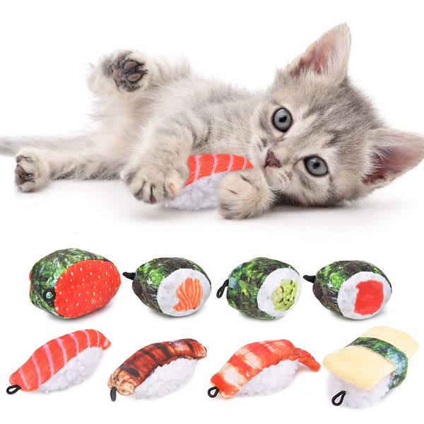 REKOBON Catnip Toys, 8 Pack Kitten Toys for Indoor Cats, Bite Resistant Cat Chew Toy with Sushi Roll, Boredom Relief Fluffy Kitty Teeth Cleaning Chewing, Interactive Plush Gift