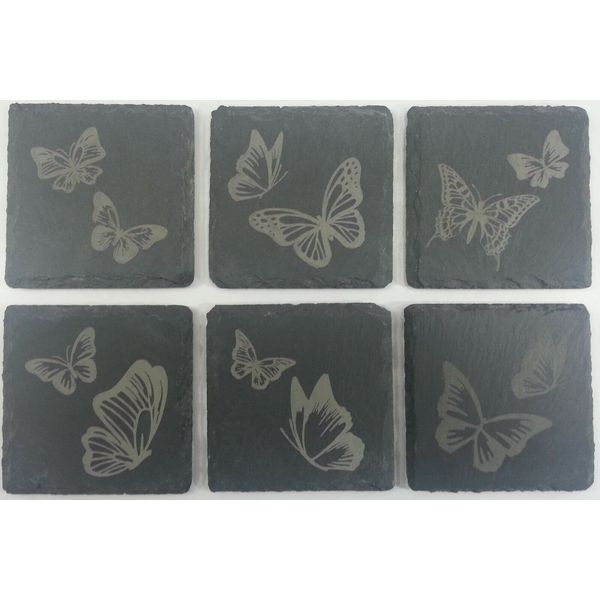 6pc Natural Square Slate Coaster Set With Assorted Butterfly Designs