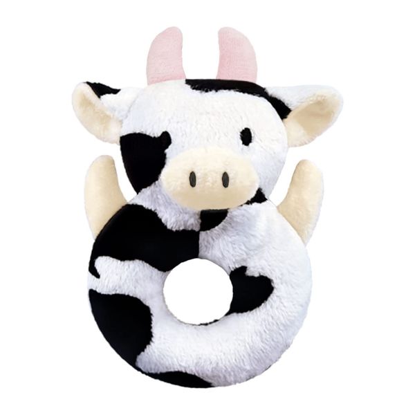 Doindute Baby Cow Soft Rattle Toy, Dairy Cattle Plush Infant Shaker Rattle Easy-Grasp Stuffed Animal Toy, Gifts for Newborns Babies Toddlers Boys Girls, Pink Horns, 6 Inches