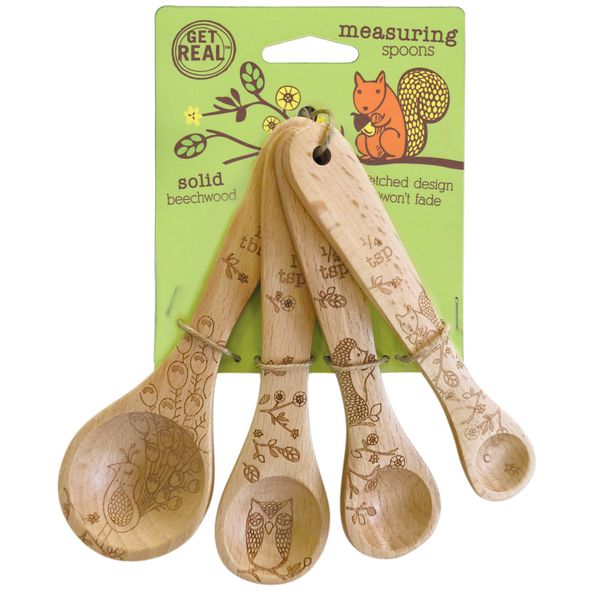 Talisman Designs Laser Etched Beechwood | Set of 4 | Woodland Design | Natural, Wooden Measuring Spoons Set| Cute & Functional Kitchen Tools