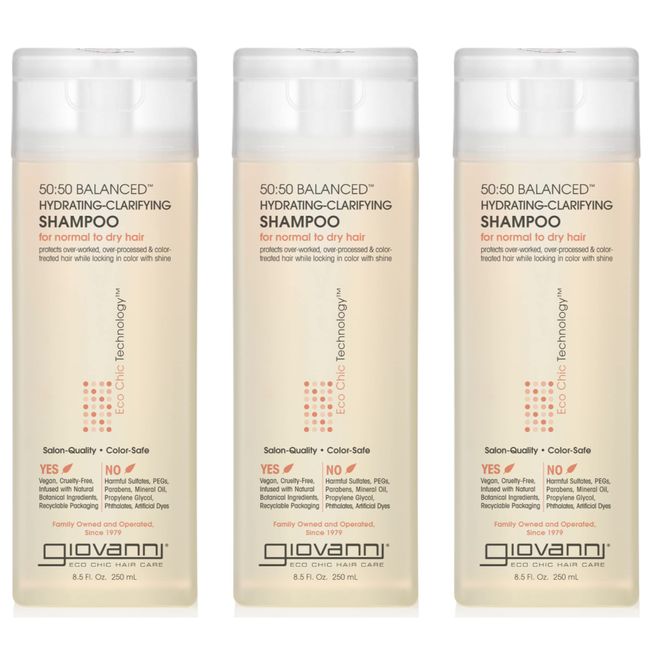 GIOVANNI Eco Chic 50:50 Balanced Hydrating Clarifying Shampoo, 8.5 oz. - Leaves Hair pH Balanced for Over-Processed Hair, Lauryl & Laureth Lauryl & Laureth Sulfate Free, Color Safe (Pack of 3)