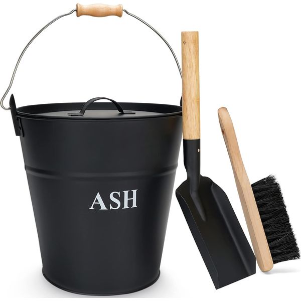 Ash Bucket with Lid, Shovel, and Broom, 3.5-Gallon Metal Bucket with Lid, Firep