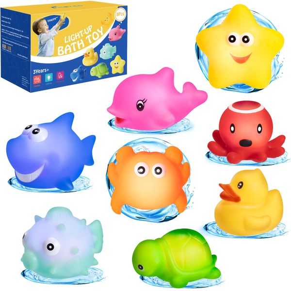 HOYIBO Light Up Bath Toys - 8 Pack Toddler Bath Toys Bathtub Toys With Colorful Flashes Lights Baby Bath Toys Floating Water Toys Bath Toys for Toddlers Bath Toys for Kids 3-5 Boys Girls Toddler Gifts