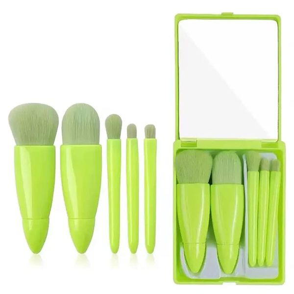 Green 5-Piece Make Up Brush Set - Face Brushes For Lip Liner, Concealer, Shaving Brush, Blusher, Lip Gloss, Eyebrow Pencil, Eyeliner, Foundation, Eye Shadow, Lip Balm - Plastic Box With Mirror