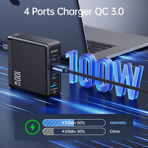 NOHON USB-C Fast Charger Adapter: 100W PD 3.0 GaN Wall Block | Foldable Plug with 140W PD3.1 Type-C Cable 3.93ft | 3-Port Compatible with MacBook Pro ipad Laptop iPhone 12 13 14 15 Galaxy S23