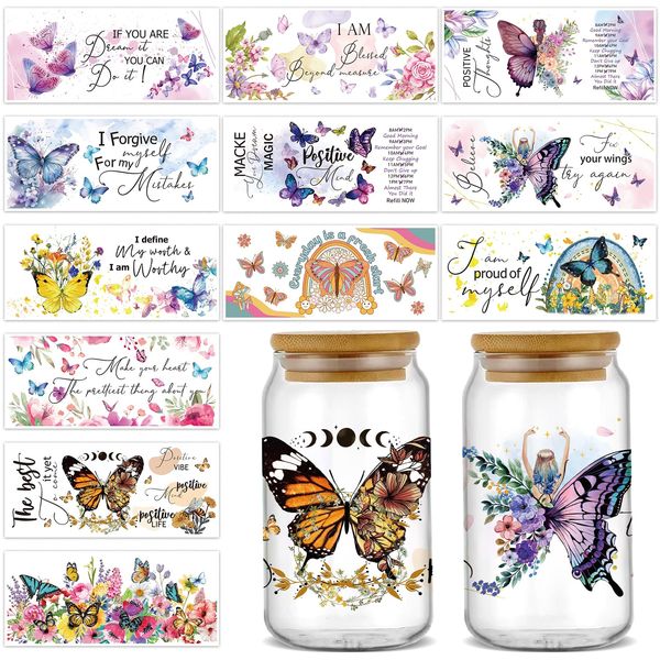 gisgfim 12 Sheet Butterfly Rub on Transfers for Glass,UV DTF Cup Wrap Transfer Stickers Butterfly Floral Wrap Transfers Decals for 16Oz Glass Cups Furniture Craft Wood DIY Crafts