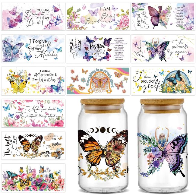 gisgfim 12 Sheet Butterfly Rub on Transfers for Glass,UV DTF Cup Wrap Transfer Stickers Butterfly Floral Wrap Transfers Decals for 16Oz Glass Cups Furniture Craft Wood DIY Crafts