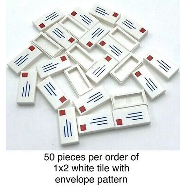 Lego 50 Pieces City White Tiles 1x2 with Mail Envelope Address and Stamp Pattern