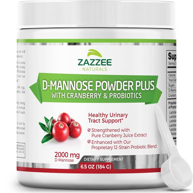 Zazzee D-Mannose Powder Plus, 2000 mg, 67 Servings, Potent & Fast-Acting, Plus 5 Billion CFU Probiotics and Pure Cranberry Juice Extract, Free Scoop, 6.5 Oz, Vegan, Gluten-Free, Non-GMO, All-Natural