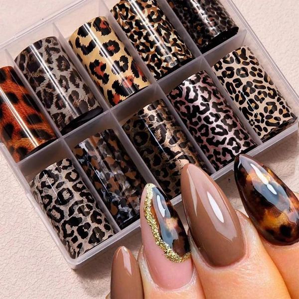 GlamRays 10 Pieces Leopard Print Nail Art Foil Transfer Stickers Leopard Snake Pattern Nail Foils Adhesive Stickers Nail Art Accessories Laser Starry Sky Paper