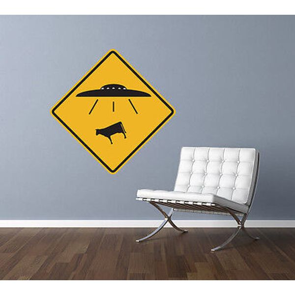 UFO Alien Cow Abduction Traffic Sign Repositionable Wall Decal 12"x12" Home Deco