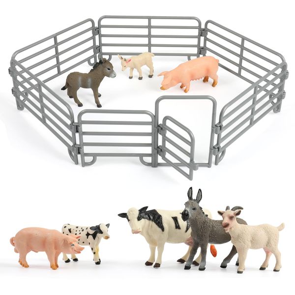 Farm Animal Toys, Realistic Farm Animal Figurines and Fence Playset, Includes Cow Pig Donkey Goat, Birthday Christmas Animal Gift Set for Kids Toddlers (Farm World)