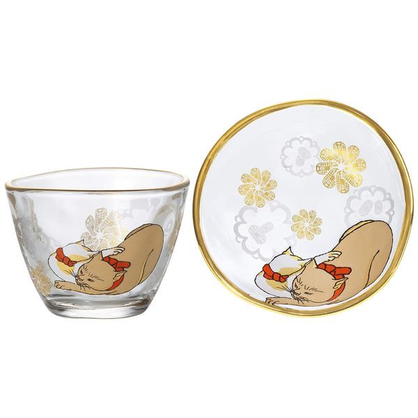 Aderia S-6291 Sake Cup & Mamezara Set, Edo Neko Cream & Butchi [Premium Nippon Taste/Japanese Sake Glass/Masuzu] Made in Japan Gift Box for Birthday Gift Present