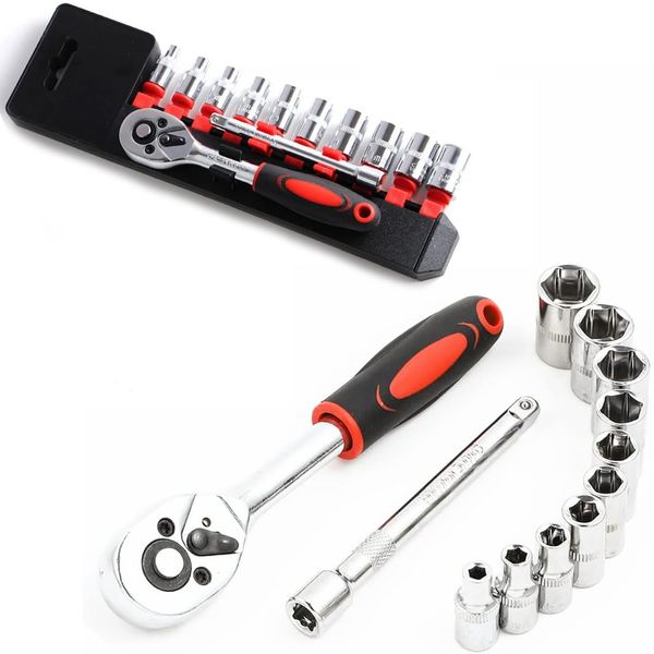 LSLANSOON 1/4” Ratchet Socket Wrench Set, Mechanic Tool Kit and Sockets Set with Quick Release Reversible Ratchet Handle and Extension Bar, 12 Pcs Set