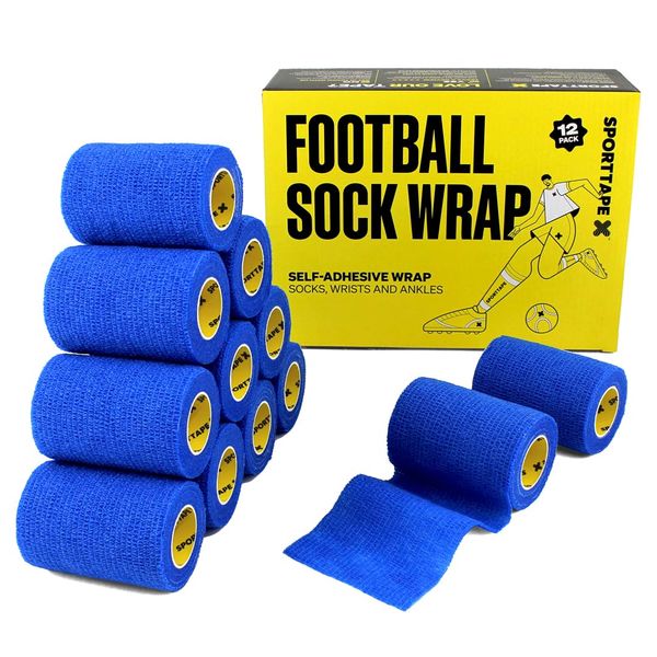 12 Rolls SPORTTAPE Cohesive Bandage | Self Adherent Vet Wrap - 7.5CM x 4.5M - Blue | Football Sock Wrap & Shin Guard Tape for Wrist & Ankle Sprains, Swelling & Compression Bandage