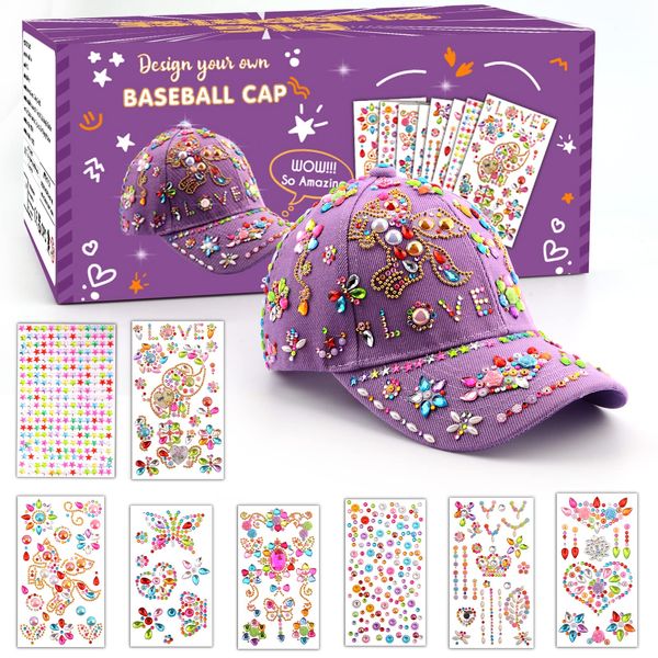 Gifts for Girls DIY Baseball Cap, Decorate Your Own Baseball Cap with Gem Stickers,Back to School Birthday Present for 4 5 6 7 8 9 10 Year Old Girls,Hat Arts & Crafts Kit Girl Age 4-10,Outdoor Sun Hat