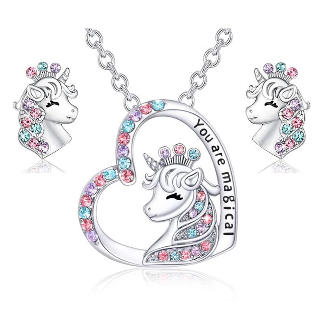 ankbrats Einhorn Kinderschmuck Set für Mädchen, süße Einhorn Herz Halskette, nickelfreies Charm Ohrringe Halsketten Set für Kindern Tochter Damen