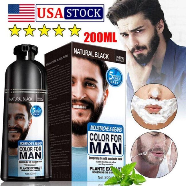 Mokeru Men 2 in 1 Beard Mustache Natural Hair Color Shampoo Permanent Black Dye