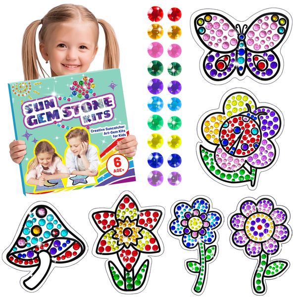 atydkug Window Suncatcher Gemstone Sticker Craft Kits for Kids - Diamond 6 Sheets Flowers Gem Art Painting Kits by Numbers for Girl, Birthday Party Supplies Gifts for 6 7 8 9 10 11 12 Year Old