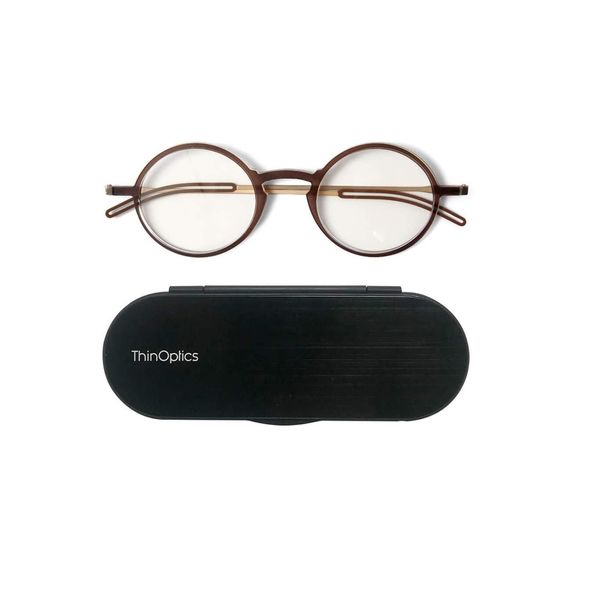 ThinOptics Round Frontpage Manhattan Reading Glasses + Milano Aluminum, Brown Frames/Silver Case, 2 x + 2