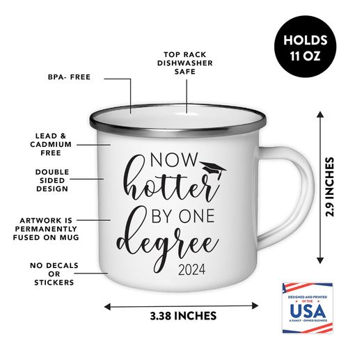 Andaz Press 11oz. Graduation Stainless Steel Campfire Coffee Mug Gift, Now Hotter by One Degree, 1-Pack, Includes Gift Box, Enamel Camping Cups for Graduates School Students of Class of 2025