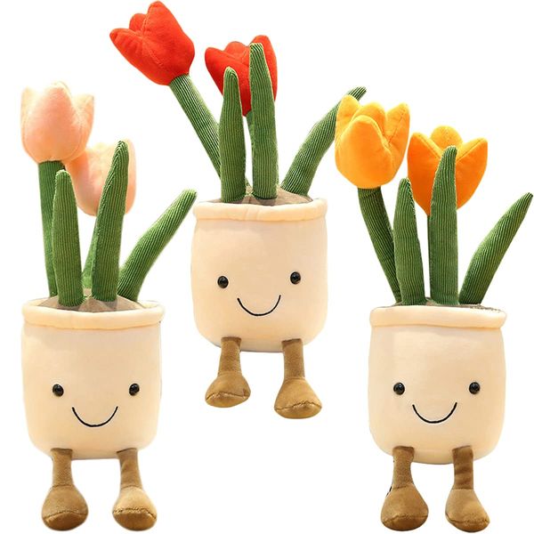 Evlooe 3pcs Tulip Plush Toy, Cute Tulip Plushies, Stuffed Potted Plants Plush Doll, Soft Plush Succulent Gifts for Kids Boys (Red+Orange+Pink)