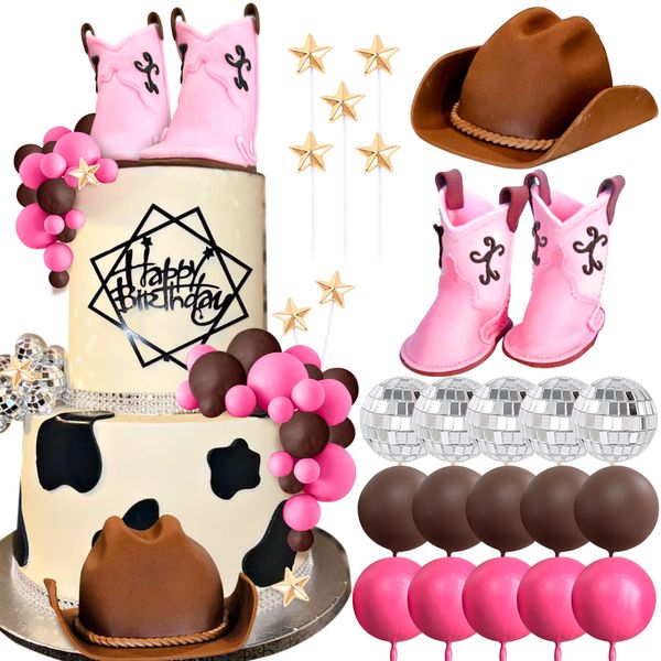 JeVenis Disco Cowgirl Cake Topper Western Cake Decorations Cowgirl Baby Shower Cowboy Hat Birthday Cake Topper Pink Balls Cake Topper Cow Balls Cake Topper