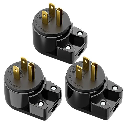 (3xPack) Right Angle Nema 5-15P Rewirable Plug, 15A 125V Household DIY AC Plug, 3 Prong 90 Degree Power Plug,12 Directions Male USA Canada AC Power Plug, Etl Listed,Black