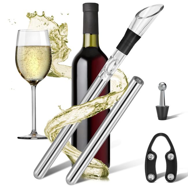 LEBEXY Weinkühlstab aus Edelstahl mit Ausgießer & Dekantier Belüfter | Geschenk für Weinliebhaber | Weinkühler kühlstange Wein Kühlstab Flaschenkühler Flaschenkühlstab Set, mit 2 Stück Kühl Stab