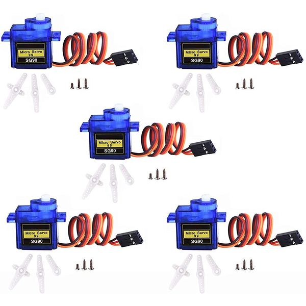 MMOBIEL 5 Pcs SG90 9g Micro Servo Motor Kit for RC Drone/Car/Airplane/Helicopter/Vehicles/Robots/Compatible with Arduino Projects and Raspberry Pi Incl. Screws and 15 Servo Arms