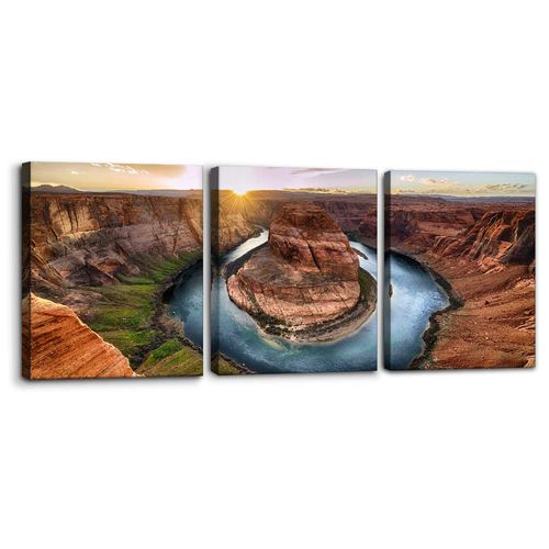 Pacimo 3 Piece Canvas Wall Art - Sunset Moment at Horseshoe Bend Colorado River Grand Canyon National Park Arizona Landscape Modern Home Art Decor Stretched and Framed Ready to Hang - 12"x16"x3 Panel