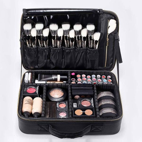 ROWNYEON Makeup Case Travel Makeup Bag Train Case Professional Portable Cosmetic Makeup Brushes Organizer Case Cosmetic Storage Bag for Women EVA Adjustable Dividers 14.1" Medium Black