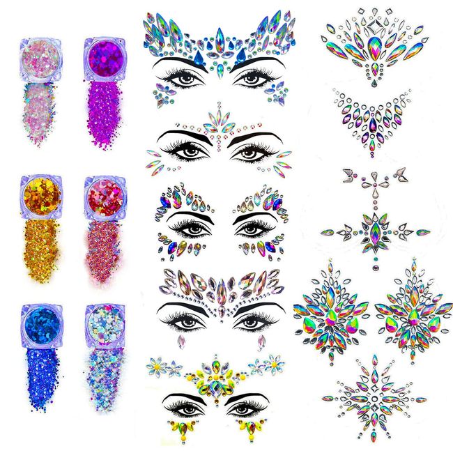 Face Body Gems Jewels Stickers,Body Jewels Stickers Stick on 10 Sets with 6 Boxes Chunky Glitter for Women Makeup Festival