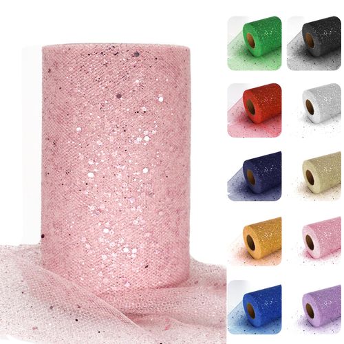 Luceinvita Glitter Tulle Fabric, 6 Inch by 50 Yards (150ft) Sequin Tulle Roll for Tutu Gift Wrapping Wedding Decoration DIY Crafts Party Backdrop (Blush)
