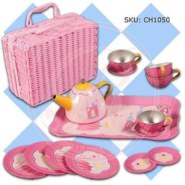 ROSALINA COLLECTIONS PINK PRINCESS TIN TEA SET WITH PINK BASKET 15 PC AGES 3+