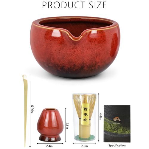 Artcome Matcha Tea Set – 20.2oz Premium Matcha Bowl with Spout, Whisk, Scoop, Whisk Holder & Brewing Guide – Authentic Japanese Tea Ceremony Tools for Perfect Matcha Preparation, Red