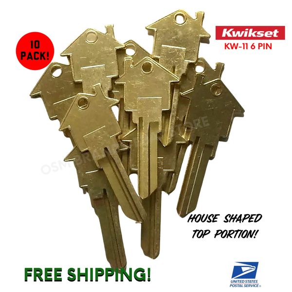 10 KWIKSET KW-11 House Shaped Key Blank 6 Pin Brass REAL ESTATE-MORTGAGE PROMO!