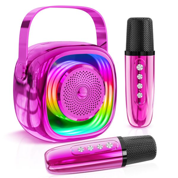 JYPS Mini Karaoke Machine for Kids - Portable Bluetooth Speaker with 2 Wireless Microphones, for Girls Boys Ages 3 4 5 6 7 8 9 10 11 12+, Family Party Toy (Pink-2Mic)