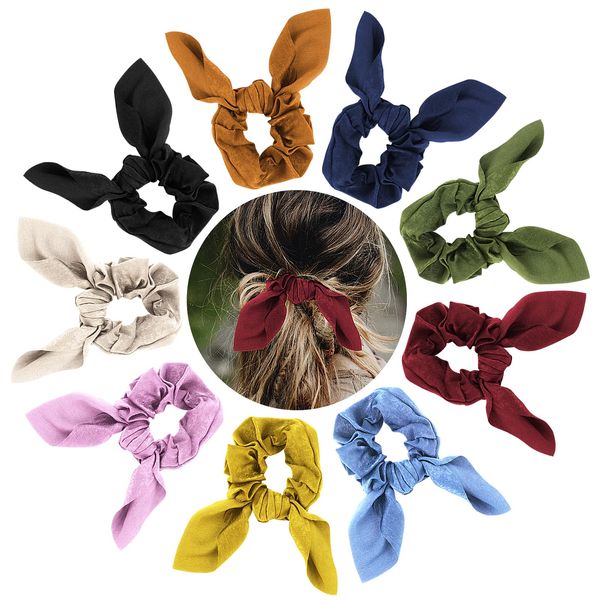 Sibba 9 Pieces Bow Hair Elastics Scrunchies Bunny Ear Silk Scarf Scrunchies Bow Hair Scrunchies Ponytail Holder Scrunchy Ties Hair Bands for Women Girls