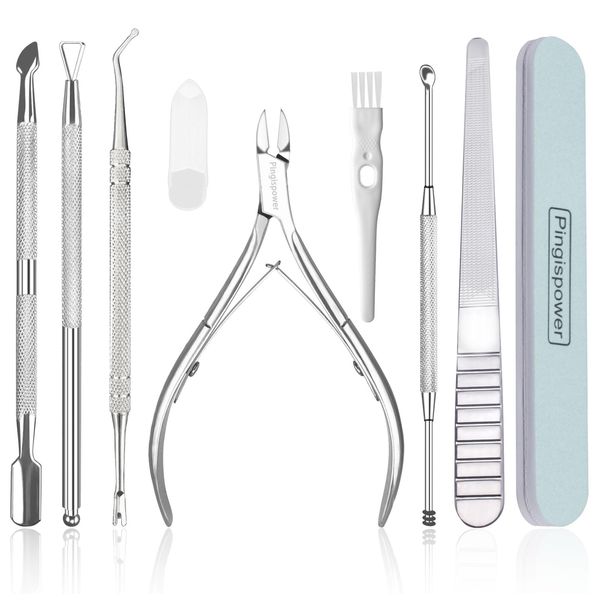 Pingispower Cuticle Trimmer with Cuticle Pusher Set, 9PCS Professional Cuticle Remover Cuticle Nippers＆Cuticle Cutter, Premium Stainless Steel Durable Manicure Tools Kit for Toenails and Fingernails