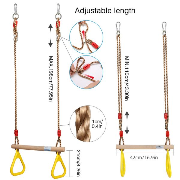 PELLOR Playground Children's Wooden Trapeze Swing Bar with Plastic Gym Rings Swing Set for Indoor & Outdoor Fun