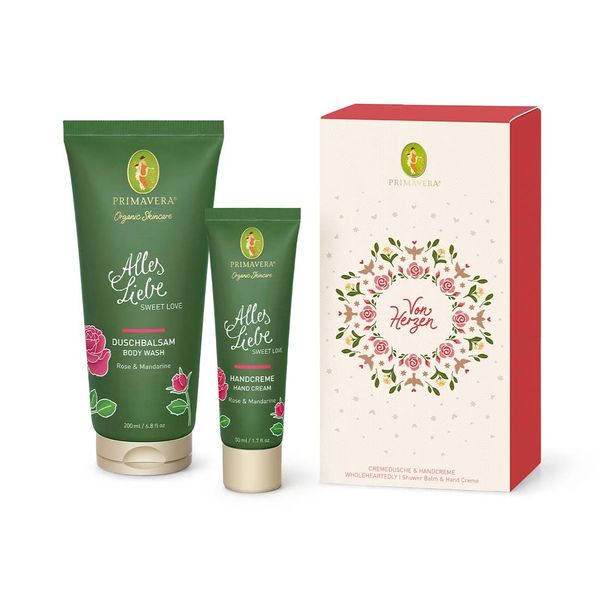 PRIMAVERA Geschenkset Von Herzen - Alles Liebe Handcreme und Duschbalsam, rosig-leichte Rezeptur, stimmungshebender Duft mit Rose bio, Mandarine bio