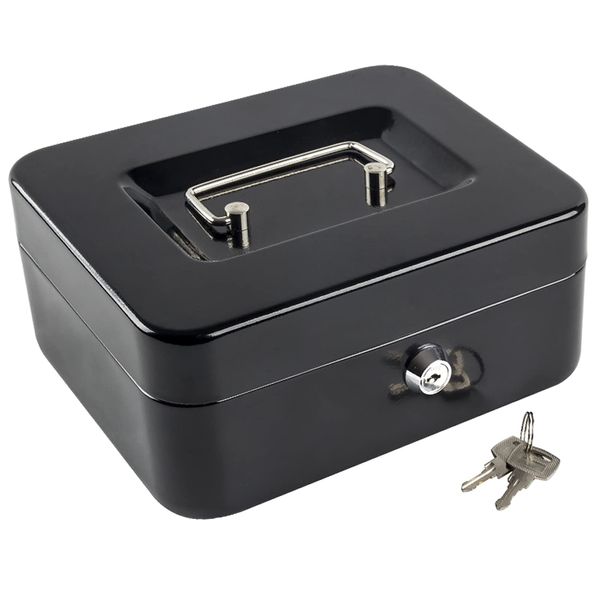 KYODOLED Medium Cash Box with Money Tray,Small Safe with Key,7.87"x 6.30"x 3.54" Black